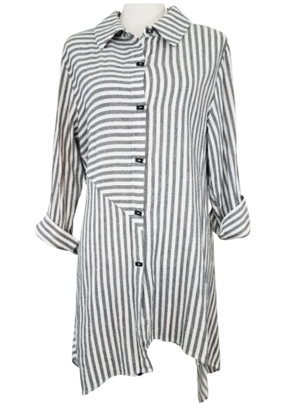 SOFT SURROUNDINGS Gray & White Striped Button-Down Blouse Women's L